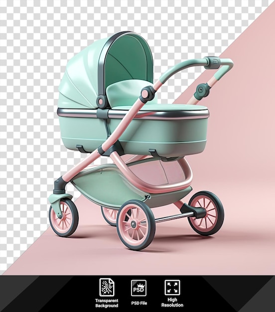 unique baby themed baby stroller with black and red wheels featuring a green and blue design against a pink wall with a shadow in the foreground