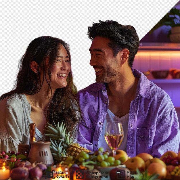 unique couple looking happy and peaceful at the table in the kitchen png