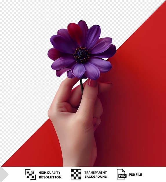 unique female hand holding a purple flower with blue and purple petals against a red wall png