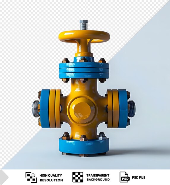 PSD unique gas valve with a yellow and blue top and a dark shadow on a isolated background