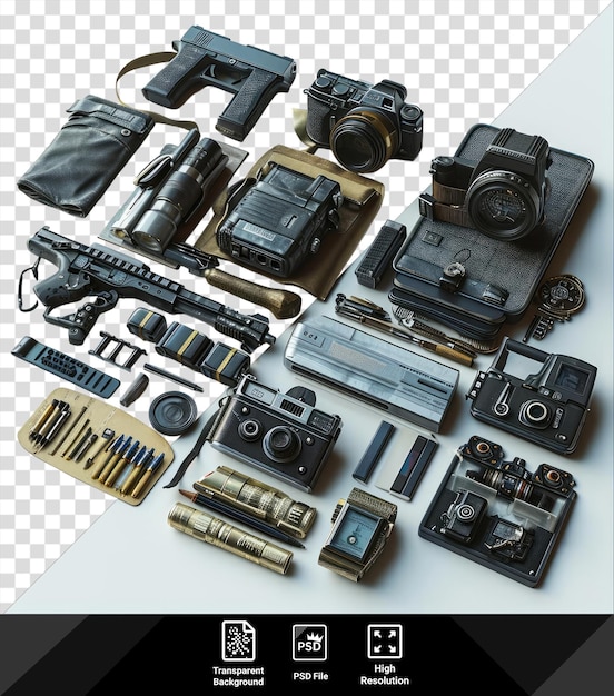 unique hacker set up featuring a variety of cameras including black silver gray and black and silver models arranged on a transparent background