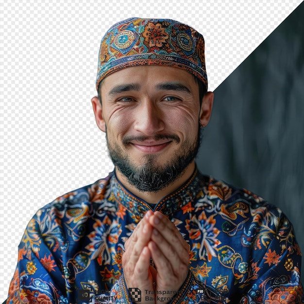 unique islamic young man with a black beard blue head and large nose wearing a colorful shirt and turban smiling with his hand on his hip his features include a large ear png psd