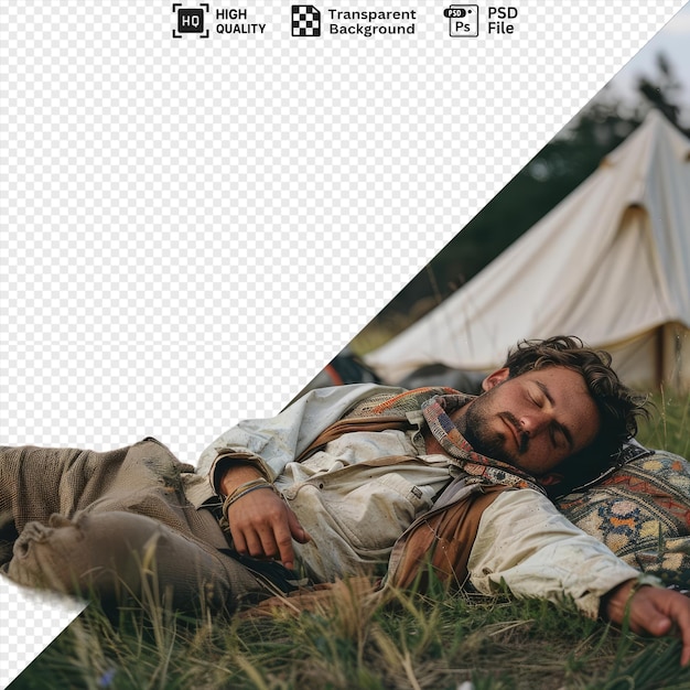 PSD unique a man laying on the grass near his tent and sleeping bag png