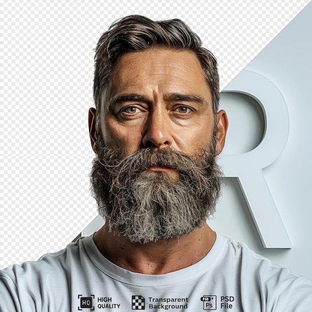 PSD unique a man with a beard and mustache stands in front of a white letter r on a white wall wearing a white and gray shirt his features include a large nose brown eyes and png