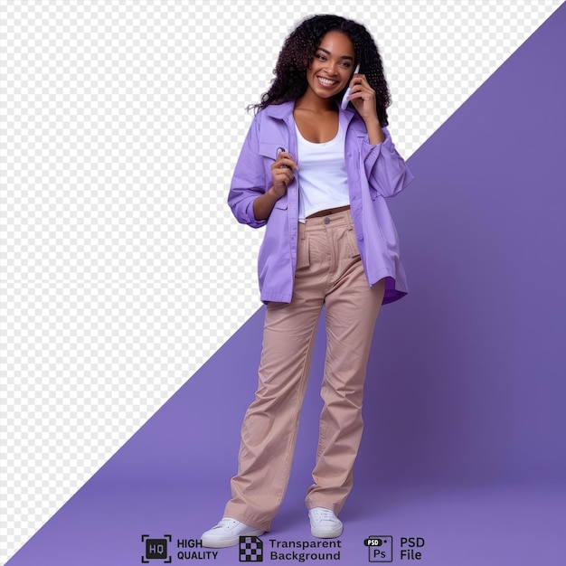 unique phone call from a woman with long black hair wearing a blue and purple jacket and white shirt standing in front of a purple wall with a hand visible in the foreground png psd