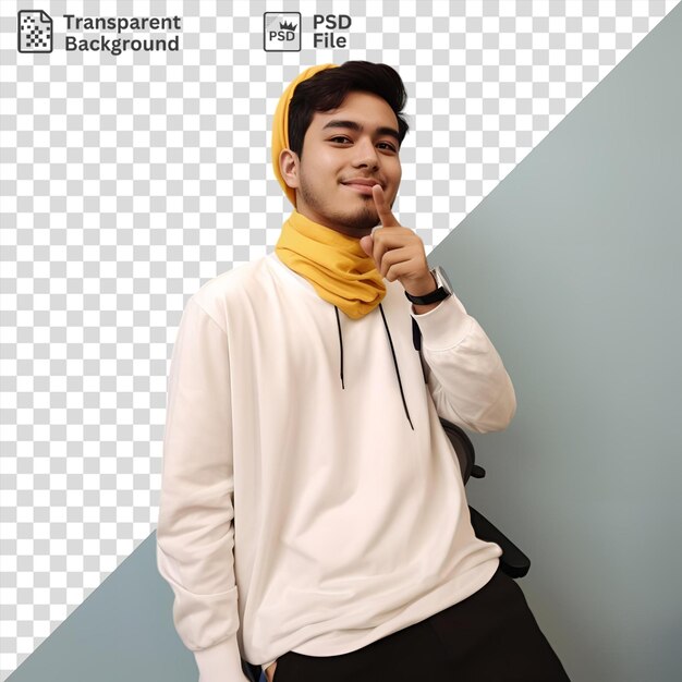 unique portrait of a young man wearing a white shirt and black pants with a yellow scarf around his neck standing in front of a white and blue wall his hand is visible in the fore