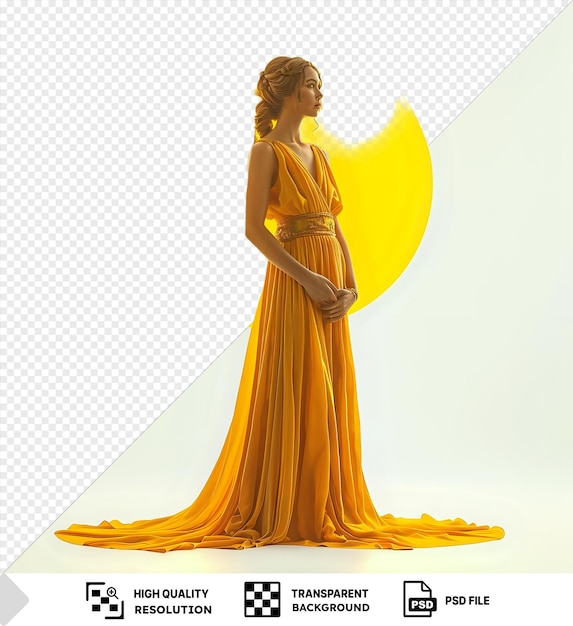 PSD unique selene greek goddess of the moon statue wearing an orange dress and gold belt with brown and blond hair and a hand visible in the foreground