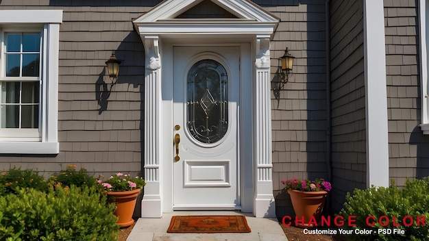 A unique small house door design on a bright small house exterior design with beautiful and colorfu