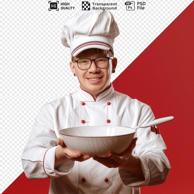 unique smiling young male chef wearing glasses uniform and cap looking camera holding empty bowl with spoit pointing bowl on red background png psd