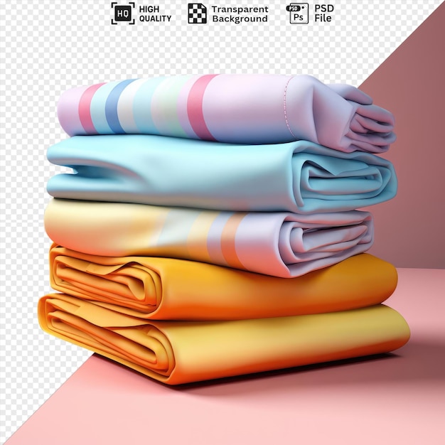 unique stack of colorful folded shirts png and jpeg images arranged on a pink table against a pink wall with a folded towel in the foreground png psd