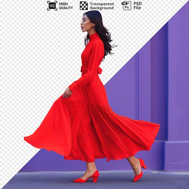 PSD unique in the street a woman with long black hair wearing a red dress and heels stands in front of a purple wall with her hand visible in the foreground png