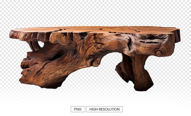 Unique Textured Short and Wide Beautiful Wooden Table Exhibited on Transparent Background