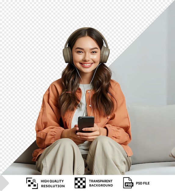 PSD unique young beautiful woman casual clothing with headphones sitting a couch home interior holding smartphone smiling cheerfully happy and positive relaxing home