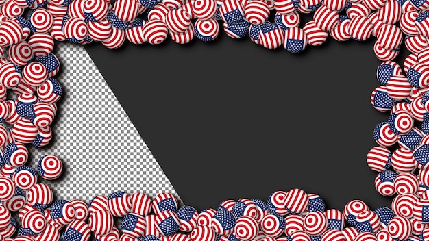 PSD united states 3d flag ball scattered on edges of frame 3d rendering