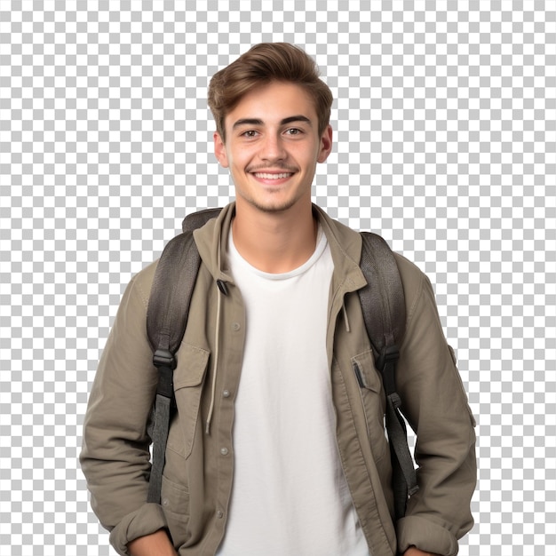 University young man student carrying backpack isolated on transparent background