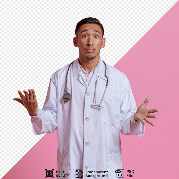 unsure young male doctor wearing medical robe and stethoscope around neck keeping hand chshowing chbubble looking camera while standing in front of a pink wall he wears black glasses