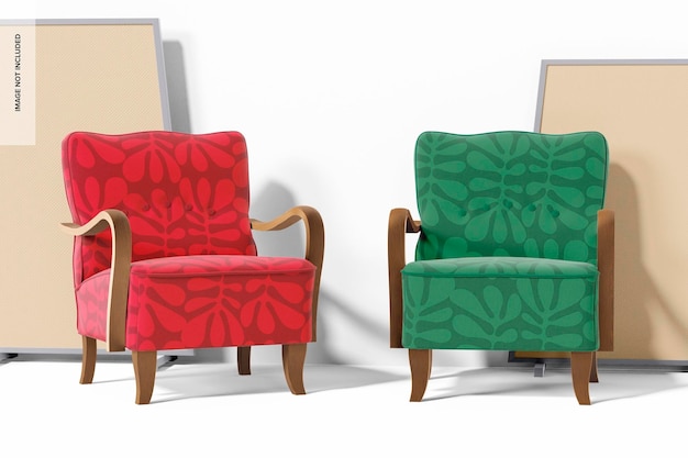 PSD upholstered vintage armchairs mockup, left view and front view