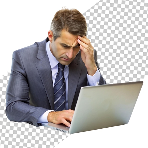 PSD upset young businessman sitting at laptop office background