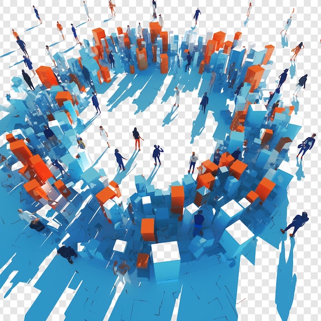 PSD urban abstract a circle of people surrounded by a cityscape of blue and orange cubes