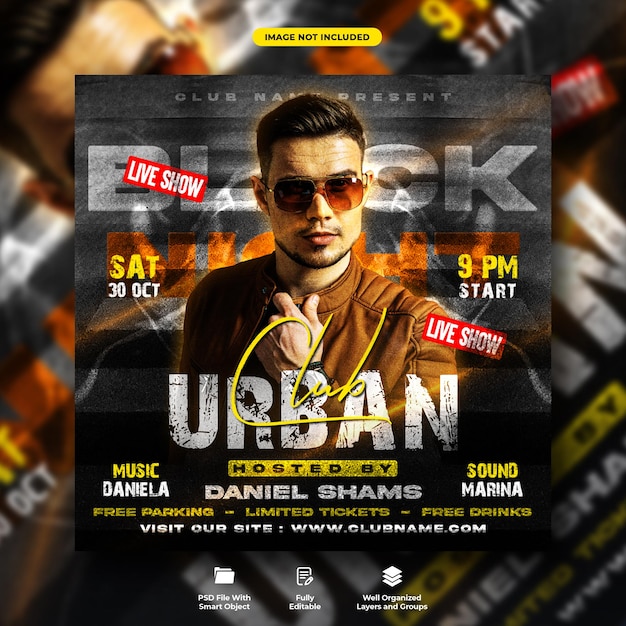 Urban black night party flyer and social media banner template