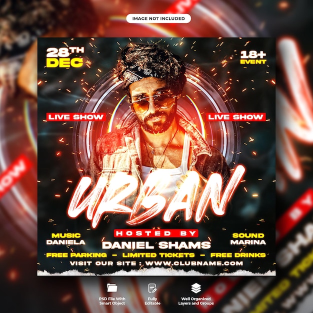 Urban dj club night party flyer and social media poster template