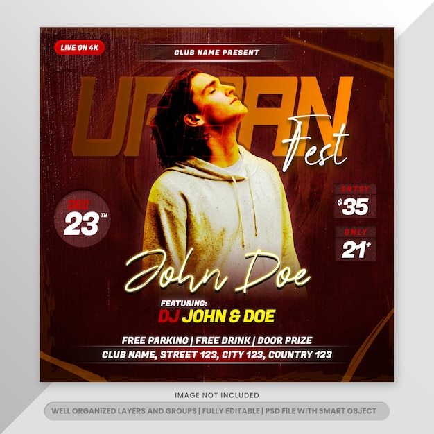 Urban Music Fest flyer for social media post template with shiny Yellow background