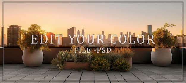 PSD urban oasis rooftop with city skyline at sunset