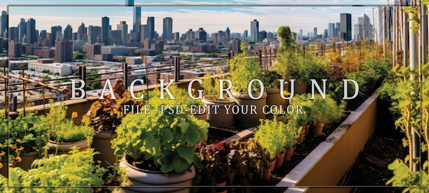 PSD urban rooftop garden with city skyline view