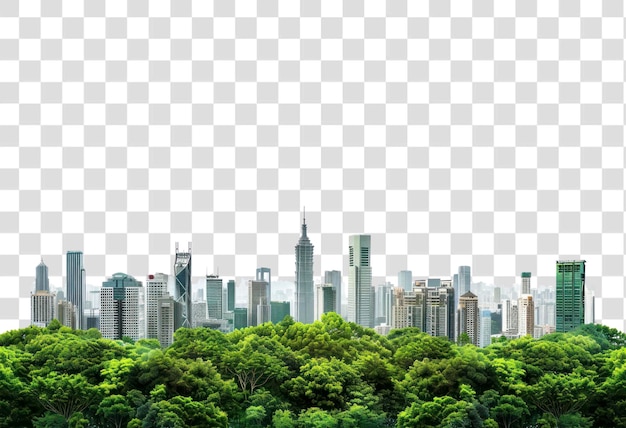 PSD urban skyline behind lush forest