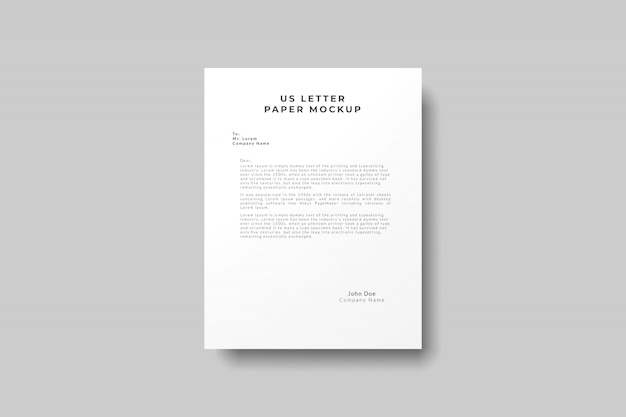 PSD us letter paper mockup top angel view