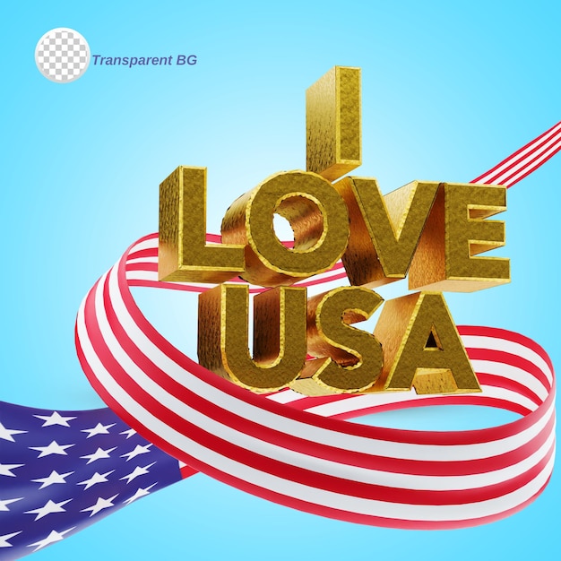 USA Flag ribbon with 3d golden text i love USA with transparent Background