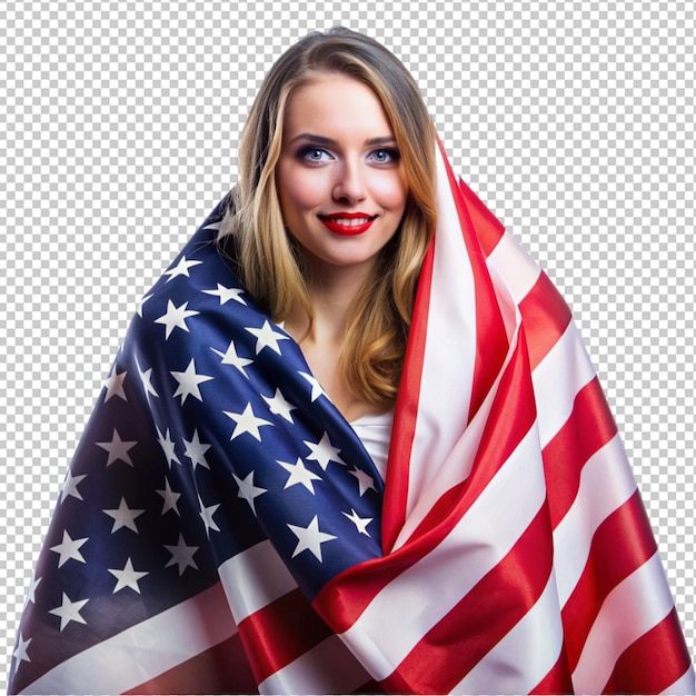 USA independence day concept with woman covered in USA flag isolated on transparent background