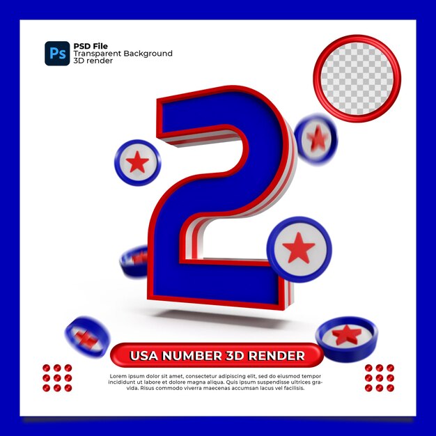 USA number 2 3d Render Flag style with elements star shield