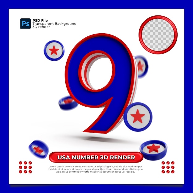 USA number 9 3d Render Flag style with elements star shield