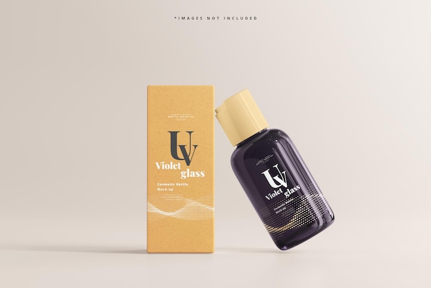 UV Glass Cosmetic Bottle and Box Mockup