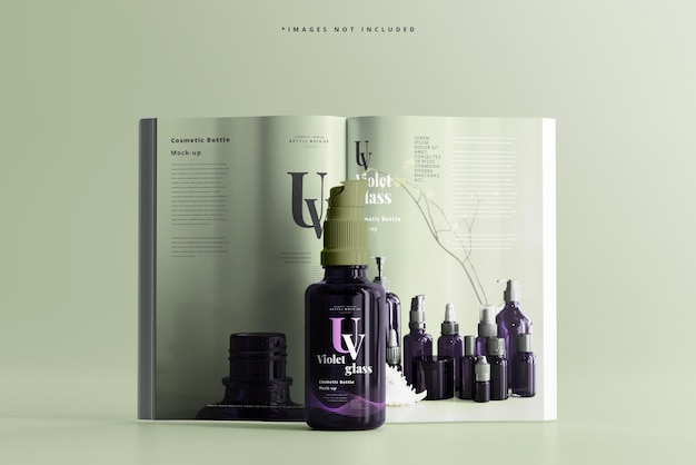 UV Glass Cosmetic Spray Bottle with Magazine Mockup