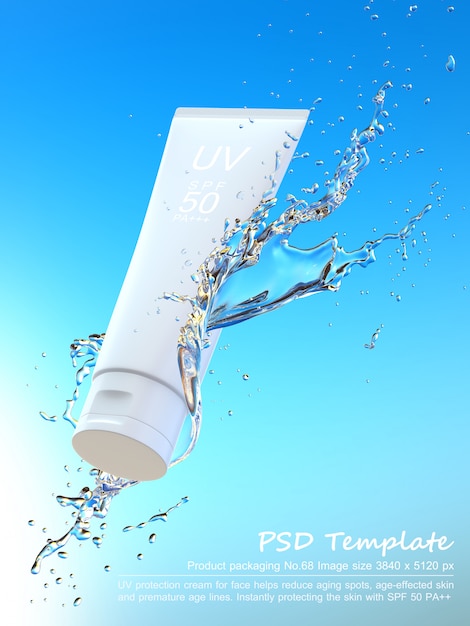 PSD uv sunscreen product with water splash on blue background 3d render