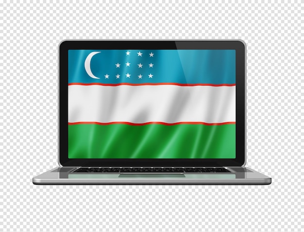 Uzbekistan flag on laptop screen isolated on white 3D illustration