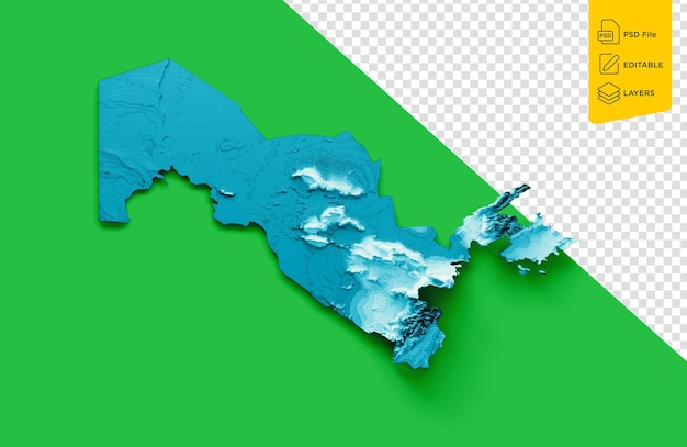 Uzbekistan map with the flag Colors Blue and Green Shaded relief map 3d illustration