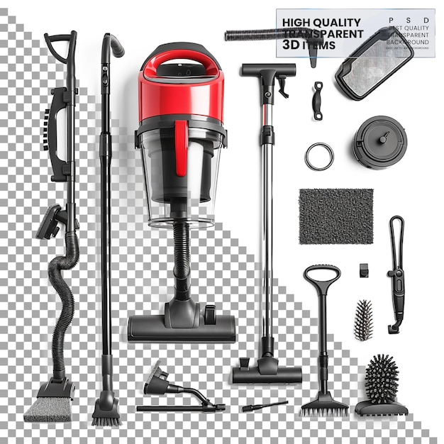 PSD vacuum cleaner attachments accessories and tools used on transparent background