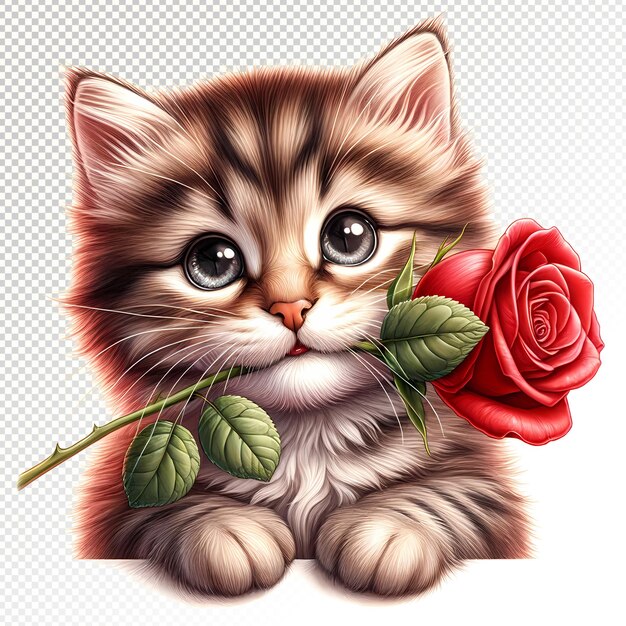 PSD valentine cute cat with red rose clipart transparent background psd