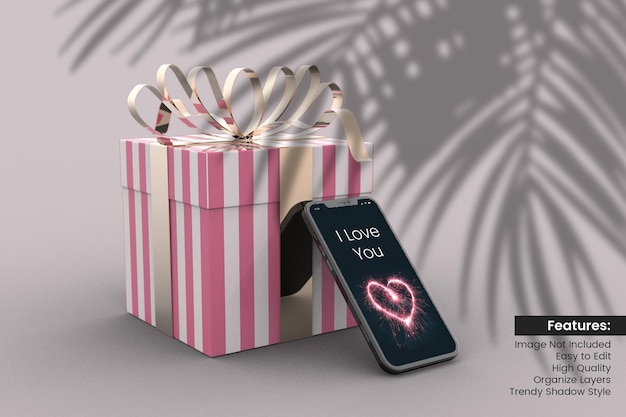 Valentine day 3d gift box with smartphone mockup