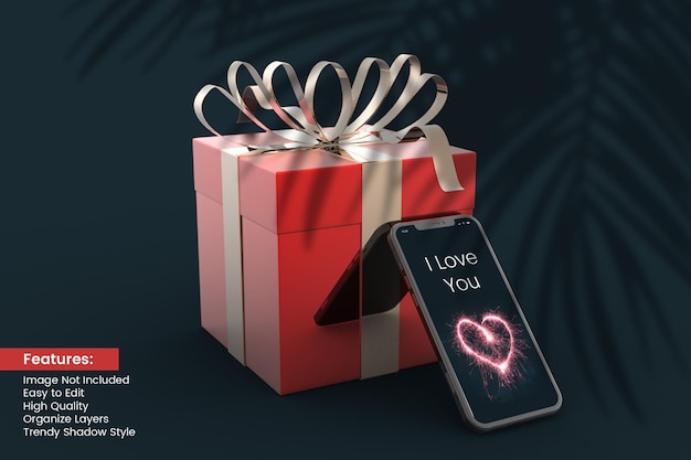 Valentine day 3d rendering gift box with smartphone mockup design