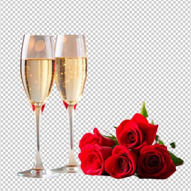 PSD valentine day with champagne glasses and red roses isolated on transparent background