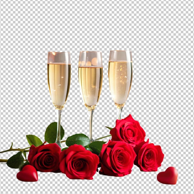 PSD valentine day with champagne glasses and red roses isolated on transparent background