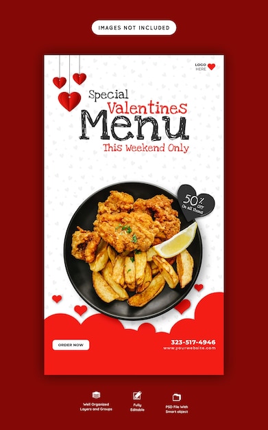 Valentine food menu and restaurant Instagram and facebook story template