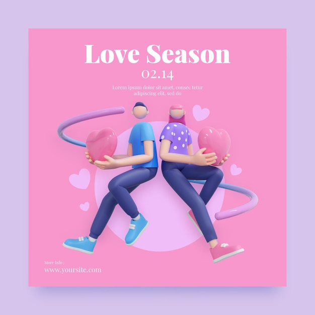 PSD valentine instagram post with 3d couple illustration