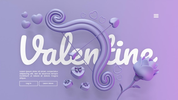 Valentine Landing Page Template With Arrow 3D Rendering Illustration