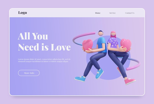 PSD valentine landing page with 3d people illustration