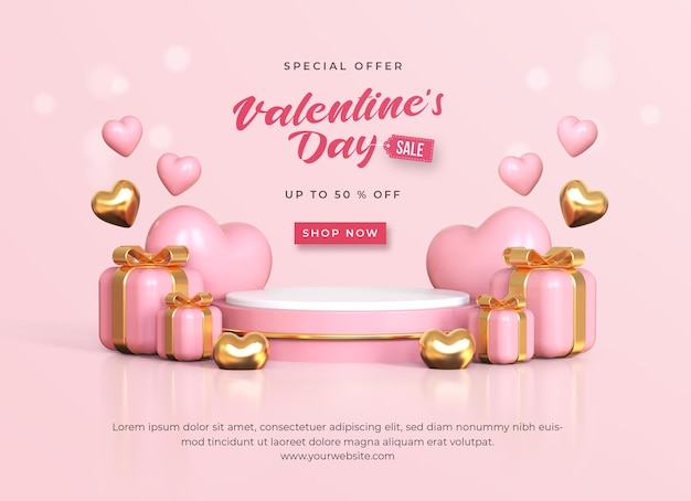 Valentine's day sale banner template with 3d romantic valentine decorations